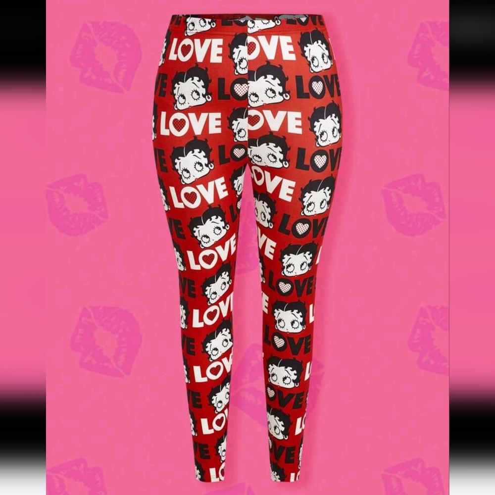 Betty Boop "LOVE" Heart Print Leggings NWT Size XL Red Black